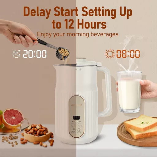 AlfaBot N2 Növényi Tejkészítő Gép - Automata Mandula, Zab, Szója Tejkészítő 1000ml Kapacitással, 5 Programmal, Öntisztító Funkcióval, Fehér