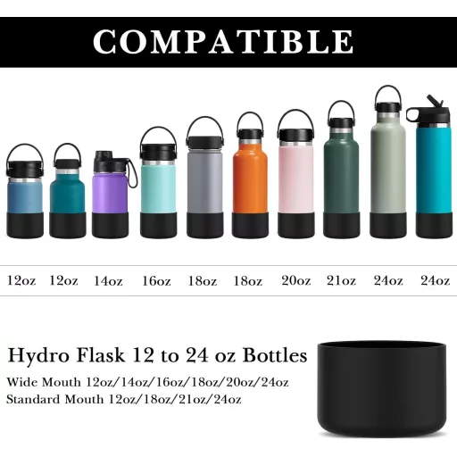 Linkidea Silikónová ochrana na fľašu – Spodná ochrana kompatibilná s Hydro Flask pre veľkosti 350-700 ml – Nárazuvzdorný obal na fľašu, 2 ks, čierna