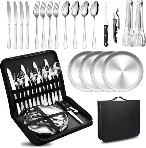 Set veselă camping SHTALHST pentru 4 persoane - 20 piese, set tacâmuri din oțel inoxidabil cu farfurii, set picnic portabil cu geantă de organizare