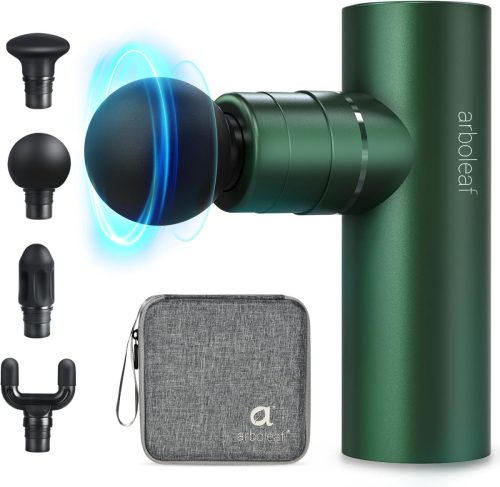 arboleaf Mini Masszázspisztoly - 3200 RPM, 0,47 kg, Nyomásérzékelő, 4 Szilikon Fej, USB-C, Hordtáskával, Csendes Izommasszírozó (Zöld)