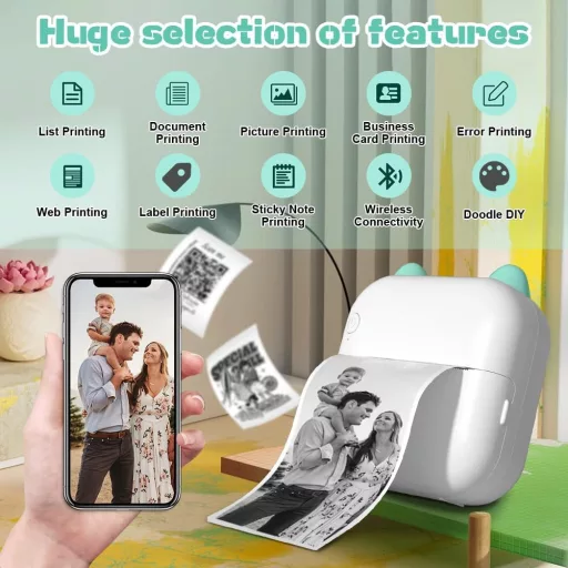 Panthem Mini Prijenosni Termalni Pisač za Pametne Telefone - Bluetooth Foto Pisač s 13 Rola Papira, Zeleni, Kompatibilan s Android/iOS, Za Putovanja, itd.