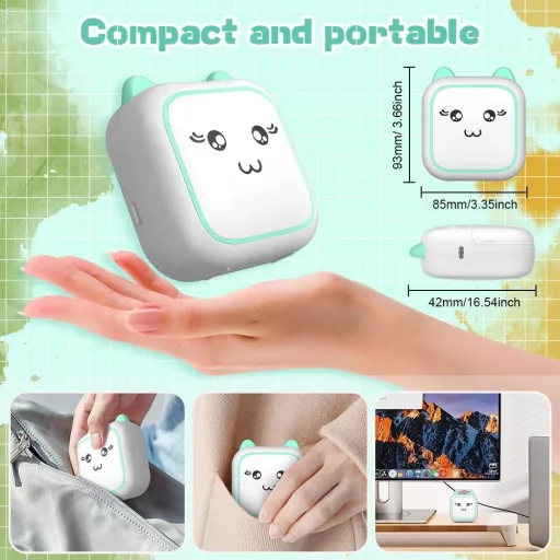 Panthem Mini Hordozható Hőnyomtató Okostelefonhoz - Bluetooth Fotónyomtató 13 Papírtekerccsel, Zöld, Android/iOS Kompatibilis, Utazáshoz, Na