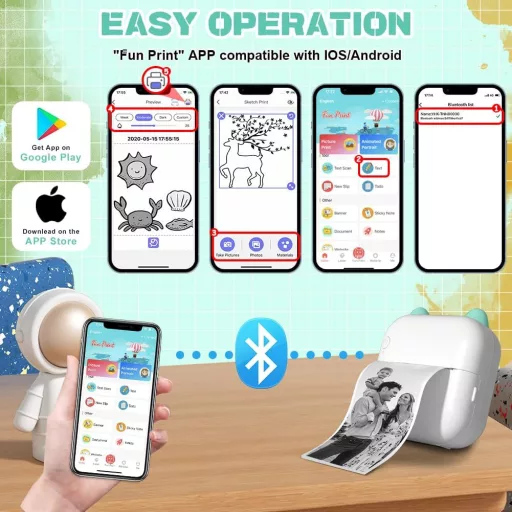 Panthem Mini Hordozható Hőnyomtató Okostelefonhoz - Bluetooth Fotónyomtató 13 Papírtekerccsel, Zöld, Android/iOS Kompatibilis, Utazáshoz, Na
