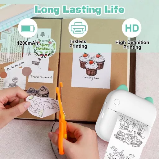 Mini imprimantă termică portabilă Panthem pentru smartphone - Imprimantă foto Bluetooth cu 13 role de hârtie, Verde, Compatibilă Android/iOS, pentru călătorii, Na