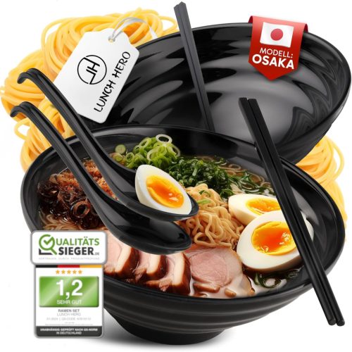Set Boluri Ramen LunchHero® - 1000 ml, Melamină, Stil Japonez - Set Vase pentru Supă, Lavabile în Mașina de Spălat Vase, cu Bețișoare și Lingură - 2 buc
