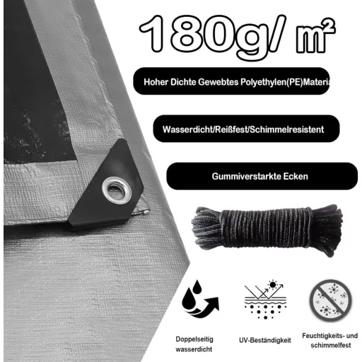 EPFHR Ponyva 4x8m Vízálló Takaróponyva 180g/m² Szürke-Fekete Fémkarikás Kerti Bútor Medence Trambulin Védőponyva