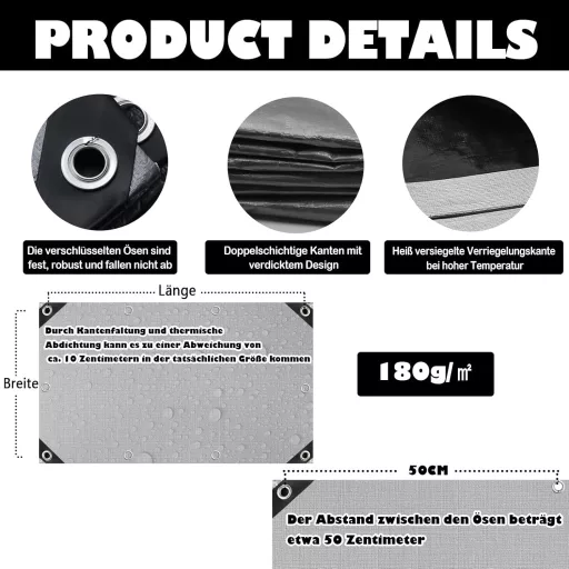 Prelată EPFHR 4x8m Impermeabilă, Acoperire 180g/m² Gri-Negru cu Inele Metalice, Prelată de Protecție Mobilier de Grădină, Piscină, Trambulină