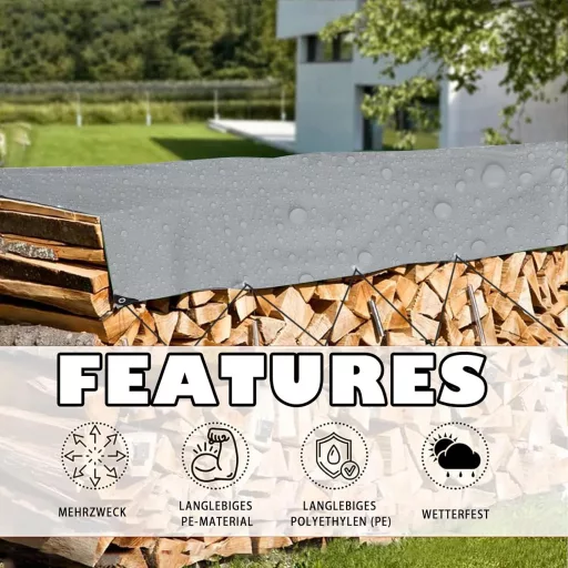 Prelată EPFHR 4x8m Impermeabilă, Acoperire 180g/m² Gri-Negru cu Inele Metalice, Prelată de Protecție Mobilier de Grădină, Piscină, Trambulină