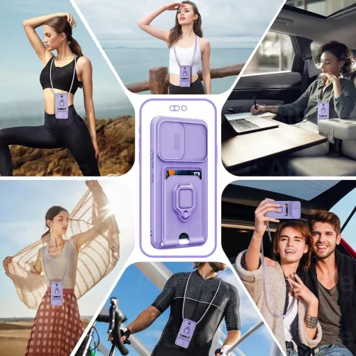 Puzdro Aithne Samsung Galaxy S24 Plus silikónové s popruhom na krk, posuvným krytom fotoaparátu, 360° prstencovým stojanom a držiakom na karty - Fialové