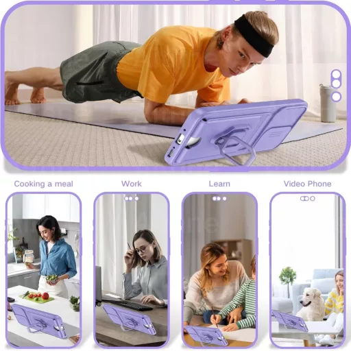 Puzdro Aithne Samsung Galaxy S24 Plus silikónové s popruhom na krk, posuvným krytom fotoaparátu, 360° prstencovým stojanom a držiakom na karty - Fialové