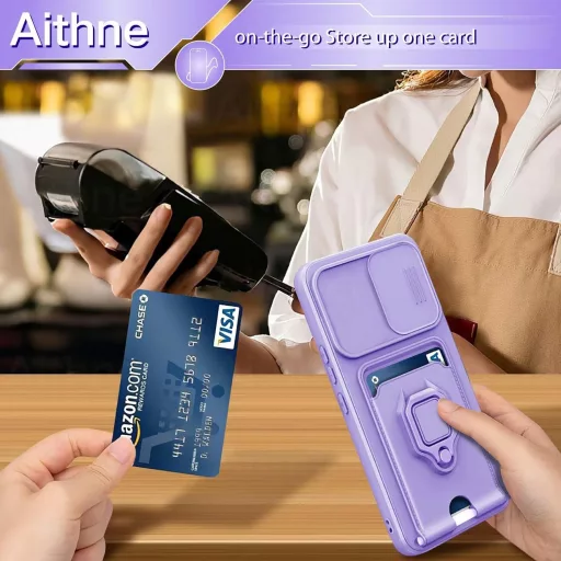 Puzdro Aithne Samsung Galaxy S24 Plus silikónové s popruhom na krk, posuvným krytom fotoaparátu, 360° prstencovým stojanom a držiakom na karty - Fialové