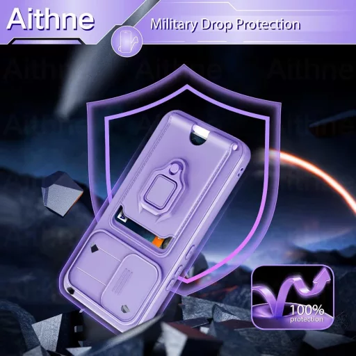 Aithne Samsung Galaxy S24 Plus Szilikon Tok Nyakpánttal, Kameravédő Tolóajtóval, 360° Gyűrűs Állvánnyal és Kártyatartóval - Lila