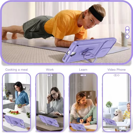 Aithne Samsung Galaxy S24 Plus Szilikon Tok Nyakpánttal, Kameravédő Tolóajtóval, 360° Gyűrűs Állvánnyal és Kártyatartóval - Lila