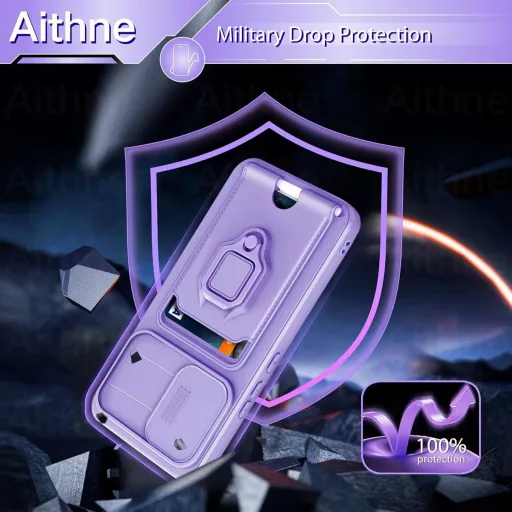 Aithne Samsung Galaxy S24 Plus Szilikon Tok Nyakpánttal, Kameravédő Tolóajtóval, 360° Gyűrűs Állvánnyal és Kártyatartóval - Lila