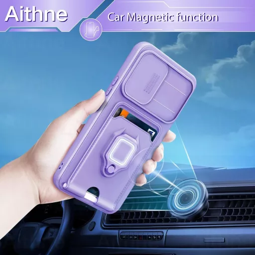 Aithne Samsung Galaxy S24 Plus Szilikon Tok Nyakpánttal, Kameravédő Tolóajtóval, 360° Gyűrűs Állvánnyal és Kártyatartóval - Lila