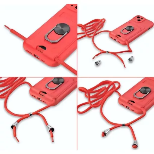 Puzdro Aithne Samsung Galaxy S24 Plus silikónové s popruhom na krk, posuvným krytom fotoaparátu, 360° prstencovým stojanom a držiakom na karty - Fialové