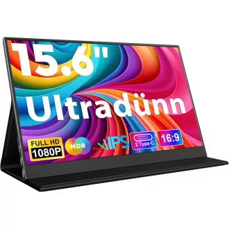   HONGO 15.6" 1080P FHD hordozható monitor USB-C, IPS kijelző, két hangszóró, laptop/PC/Mac/PS5 kompatibilis