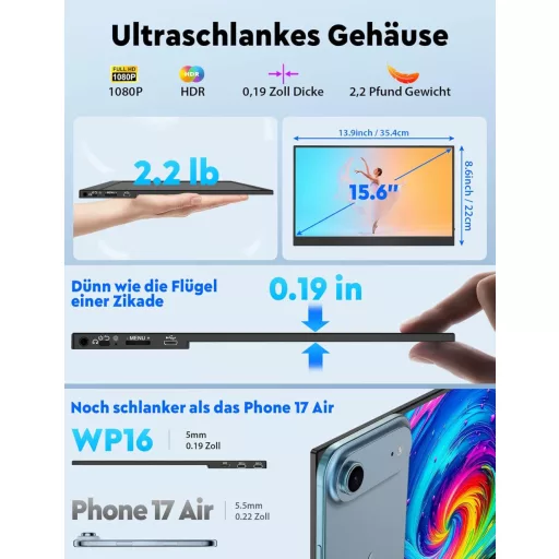 HONGO 15.6" 1080P FHD hordozható monitor USB-C, IPS kijelző, két hangszóró, laptop/PC/Mac/PS5 kompatibilis
