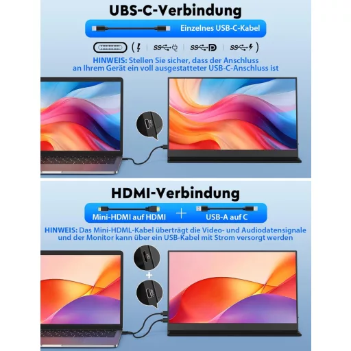 HONGO Monitor portabil 15.6" 1080P FHD USB-C, ecran IPS, două difuzoare, compatibil laptop/PC/Mac/PS5