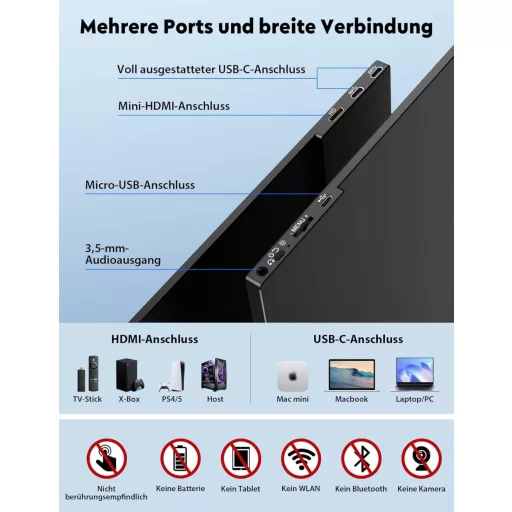 HONGO Monitor portabil 15.6" 1080P FHD USB-C, ecran IPS, două difuzoare, compatibil laptop/PC/Mac/PS5