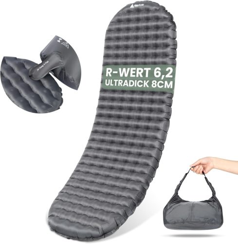 Saltea de camping ultralejeră HIKENTURE cu valoare R 6.2 - Saltea gonflabilă de 8 cm grosime pentru drumeții, utilizare în 4 sezoane, dimensiune compactă la împachetare