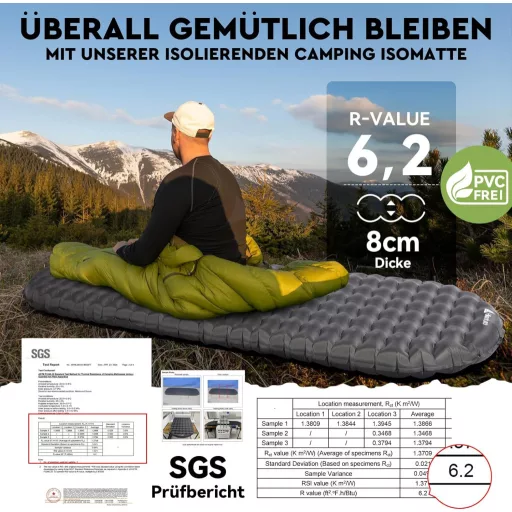 HIKENTURE Ultraľahký kempingový matrac s hodnotou R 6.2 - 8 cm hrubý nafukovací matrac na turistiku, pre 4-sezónne použitie, malý rozmer balenia