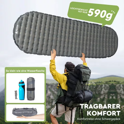 HIKENTURE Ultraľahký kempingový matrac s hodnotou R 6.2 - 8 cm hrubý nafukovací matrac na turistiku, pre 4-sezónne použitie, malý rozmer balenia