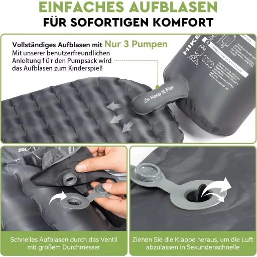 HIKENTURE Ultraľahký kempingový matrac s hodnotou R 6.2 - 8 cm hrubý nafukovací matrac na turistiku, pre 4-sezónne použitie, malý rozmer balenia