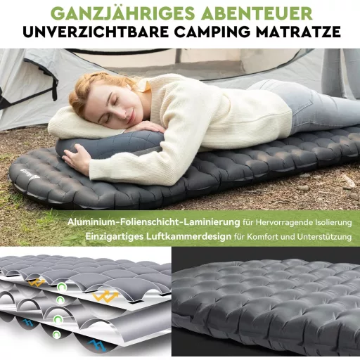 HIKENTURE Ultraľahký kempingový matrac s hodnotou R 6.2 - 8 cm hrubý nafukovací matrac na turistiku, pre 4-sezónne použitie, malý rozmer balenia