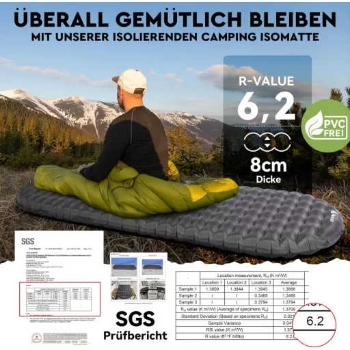 HIKENTURE Ultraľahký kempingový matrac s hodnotou R 6.2 - 8 cm hrubý nafukovací matrac na turistiku, pre 4-sezónne použitie, malý rozmer balenia