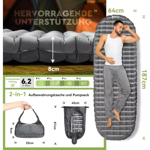HIKENTURE Ultraľahký kempingový matrac s hodnotou R 6.2 - 8 cm hrubý nafukovací matrac na turistiku, pre 4-sezónne použitie, malý rozmer balenia