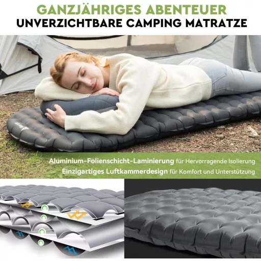 HIKENTURE Ultraľahký kempingový matrac s hodnotou R 6.2 - 8 cm hrubý nafukovací matrac na turistiku, pre 4-sezónne použitie, malý rozmer balenia