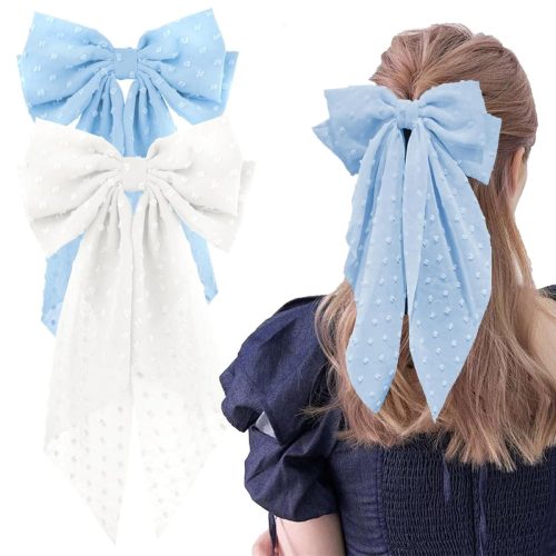 Ruzister 2 buc. Fundă Mare pentru Femei - Supradimensionată cu Cozi Lungi, Set Elegant Bandă de Păr și Clamă de Păr, Alb/Albastru Deschis, Accesoriu de Păr pentru Nuntă