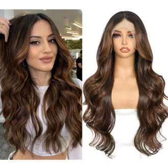   Perucă Balayage Maro Sapphirewigs - Perucă Sintetică Ondulată cu Dantelă Frontală 13x4, Termorezistentă, Fără Adeziv, Mărime Ajustabilă, Aspect Natural
