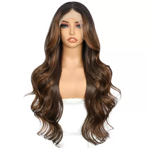Perucă Balayage Maro Sapphirewigs - Perucă Sintetică Ondulată cu Dantelă Frontală 13x4, Termorezistentă, Fără Adeziv, Mărime Ajustabilă, Aspect Natural