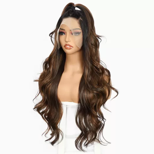 Perucă Balayage Maro Sapphirewigs - Perucă Sintetică Ondulată cu Dantelă Frontală 13x4, Termorezistentă, Fără Adeziv, Mărime Ajustabilă, Aspect Natural