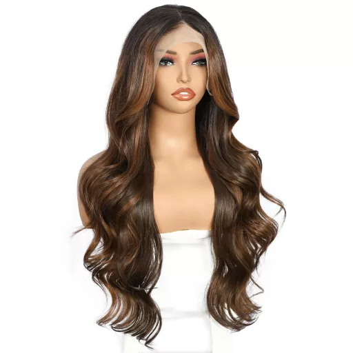 Perucă Balayage Maro Sapphirewigs - Perucă Sintetică Ondulată cu Dantelă Frontală 13x4, Termorezistentă, Fără Adeziv, Mărime Ajustabilă, Aspect Natural