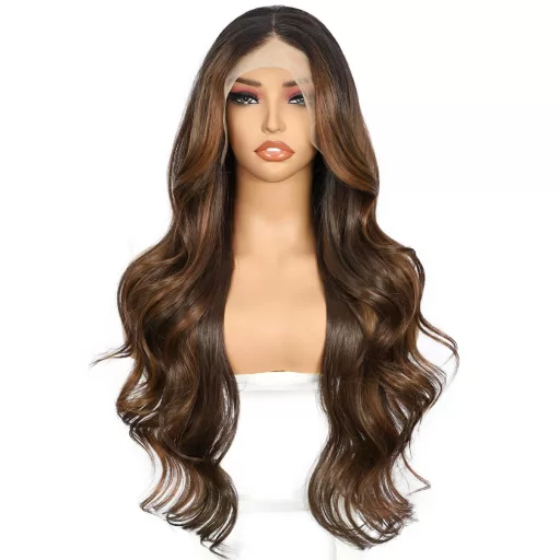 Perucă Balayage Maro Sapphirewigs - Perucă Sintetică Ondulată cu Dantelă Frontală 13x4, Termorezistentă, Fără Adeziv, Mărime Ajustabilă, Aspect Natural