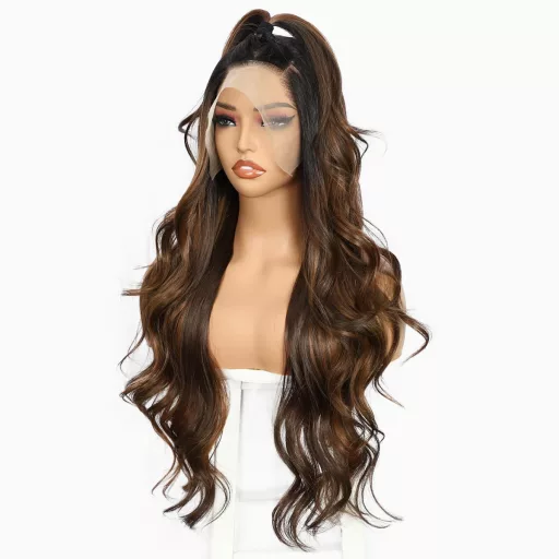 Perucă Balayage Maro Sapphirewigs - Perucă Sintetică Ondulată cu Dantelă Frontală 13x4, Termorezistentă, Fără Adeziv, Mărime Ajustabilă, Aspect Natural