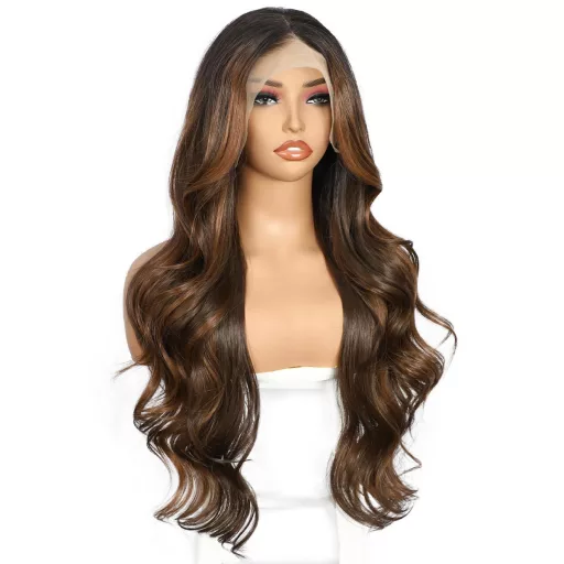 Perucă Balayage Maro Sapphirewigs - Perucă Sintetică Ondulată cu Dantelă Frontală 13x4, Termorezistentă, Fără Adeziv, Mărime Ajustabilă, Aspect Natural