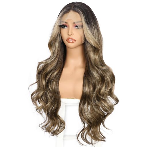 Sapphirewigs Hnedá Ombre Parochňa - 66 cm Vlnitá Syntetická Lace Front Parochňa 13x4 cm s Čipkou, Žiaruvzdorná, Bezlepidlová, Prirodzený Vzhľad