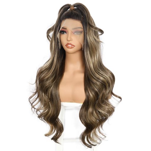 Sapphirewigs Hnedá Ombre Parochňa - 66 cm Vlnitá Syntetická Lace Front Parochňa 13x4 cm s Čipkou, Žiaruvzdorná, Bezlepidlová, Prirodzený Vzhľad