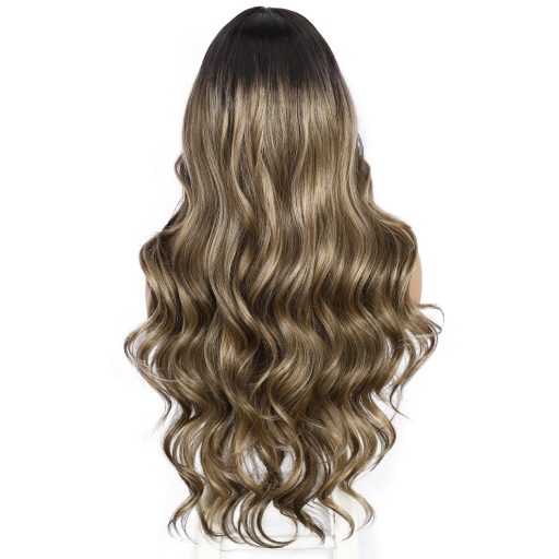 Sapphirewigs Hnedá Ombre Parochňa - 66 cm Vlnitá Syntetická Lace Front Parochňa 13x4 cm s Čipkou, Žiaruvzdorná, Bezlepidlová, Prirodzený Vzhľad