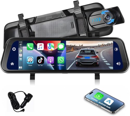 Podofo 9.66" Tükör Menetrögzítő Kamera - Vezeték Nélküli Apple CarPlay, Android Auto, Dupla 1080P HD Kamera, IPS Érintőképernyő, Bluetooth, 