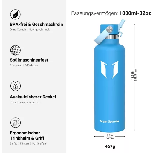 Termos din oțel inoxidabil Super Sparrow, 350-1000ml, fără BPA, pentru sport - 1000 uncii fluide, C- Albastru cer