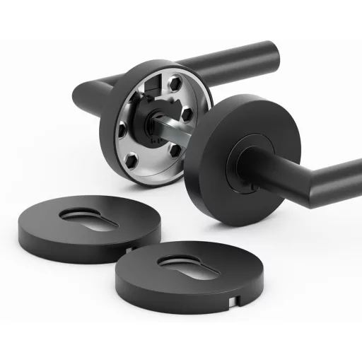 AwmnSrman Kľučka v tvare L - Súprava kľučiek z nehrdzavejúcej ocele pre cylindrickú vložku PZ - Čierna práškovo lakovaná kľučka pre interiérové a exteriérové dvere