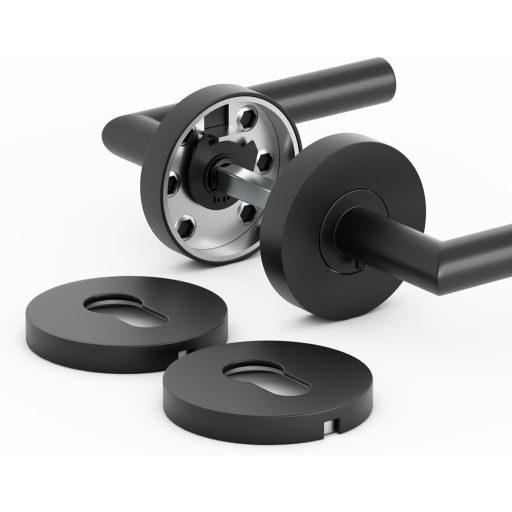 AwmnSrman L-alakú Ajtókilincs Szett - Rozsdamentes Acél PZ Profilcilinderhez - Porfestett Fekete Kilincs Beltéri és Kültéri Ajtókhoz