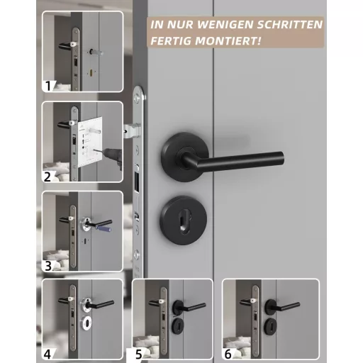 AwmnSrman L-alakú Ajtókilincs Szett - Rozsdamentes Acél PZ Profilcilinderhez - Porfestett Fekete Kilincs Beltéri és Kültéri Ajtókhoz