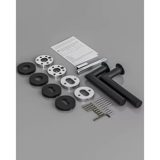 AwmnSrman L-alakú Ajtókilincs Szett - Rozsdamentes Acél PZ Profilcilinderhez - Porfestett Fekete Kilincs Beltéri és Kültéri Ajtókhoz