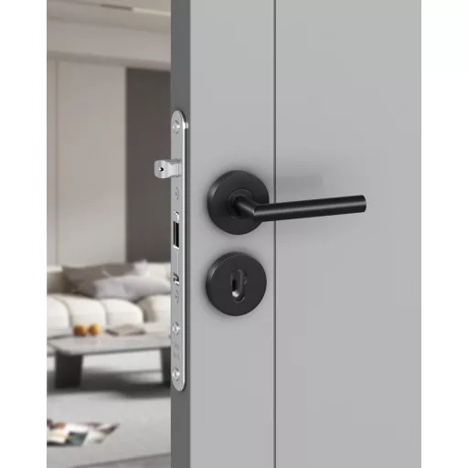 AwmnSrman L-alakú Ajtókilincs Szett - Rozsdamentes Acél PZ Profilcilinderhez - Porfestett Fekete Kilincs Beltéri és Kültéri Ajtókhoz